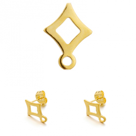 Picture of 304 Stainless Steel Ear Post Stud Earrings Rhombus Gold Plated With Loop 14mm x 9mm, 10 PCs