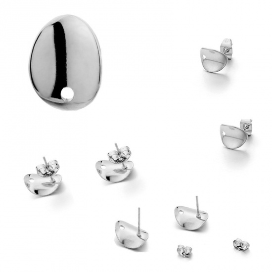 Picture of 304 Stainless Steel Ear Post Stud Earrings Oval Silver Tone With Loop 11mm x 8mm, 10 PCs