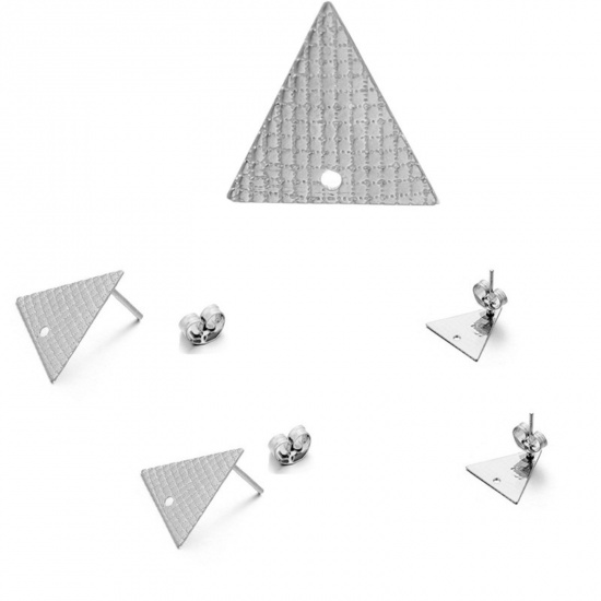 Picture of 304 Stainless Steel Ear Post Stud Earrings Triangle Silver Tone With Loop 13mm x 13mm, 10 PCs