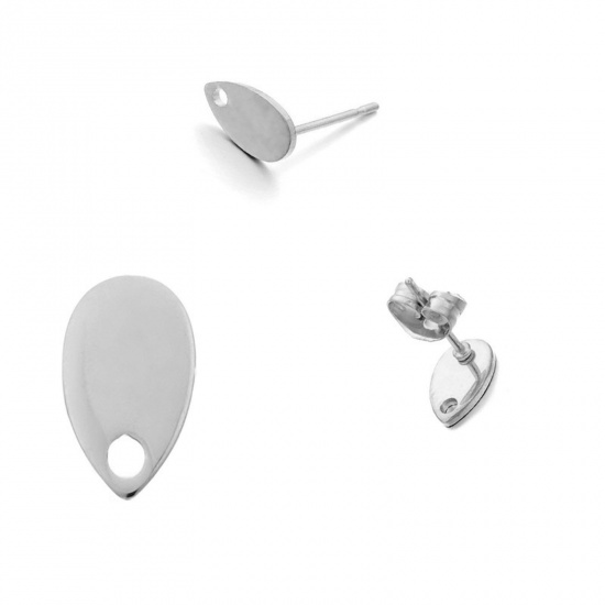 Picture of 304 Stainless Steel Ear Post Stud Earrings Drop Silver Tone With Loop 8mm x 5mm, 10 PCs