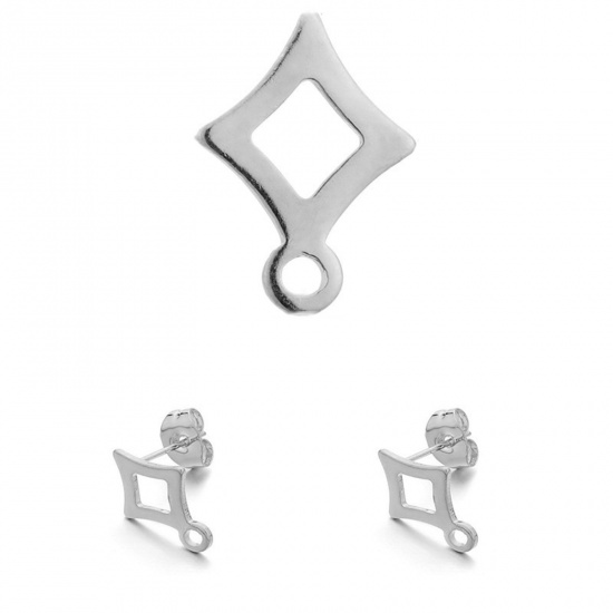 Picture of 304 Stainless Steel Ear Post Stud Earrings Rhombus Silver Tone With Loop 14mm x 9mm, 10 PCs