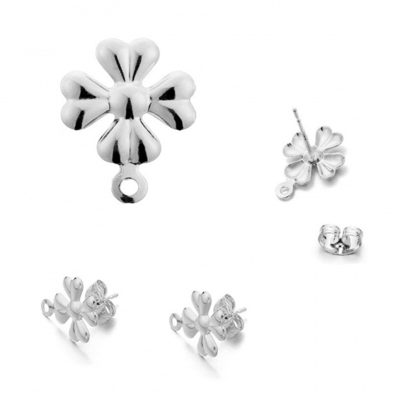 Picture of 304 Stainless Steel Ear Post Stud Earrings Flower Leaves Silver Tone With Loop 14mm x 11mm, 10 PCs