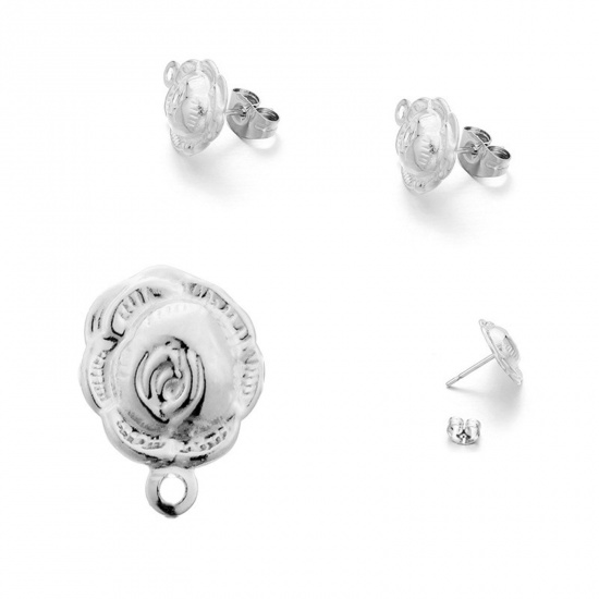 Picture of 304 Stainless Steel Ear Post Stud Earrings Rose Flower Silver Tone With Loop 13mm x 10mm, 10 PCs