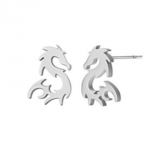 Picture of Titanium Steel Stylish Ear Post Stud Earrings Silver Tone S-shape Dragon 11.2mm x 8mm, Post/ Wire Size: (20 gauge), 1 Pair