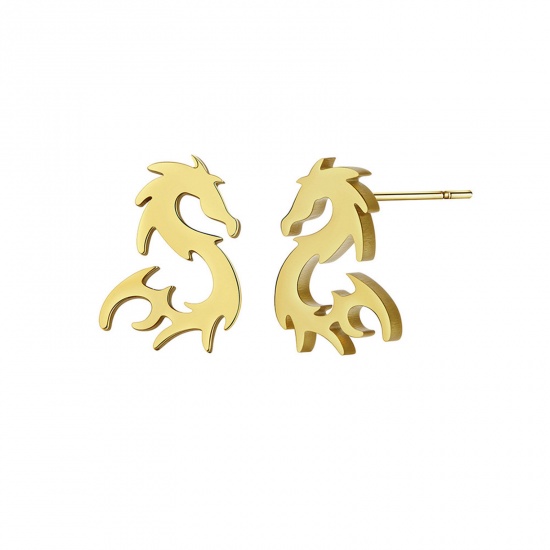 Picture of Titanium Steel Stylish Ear Post Stud Earrings Gold Plated S-shape Dragon 11.2mm x 8mm, Post/ Wire Size: (20 gauge), 1 Pair