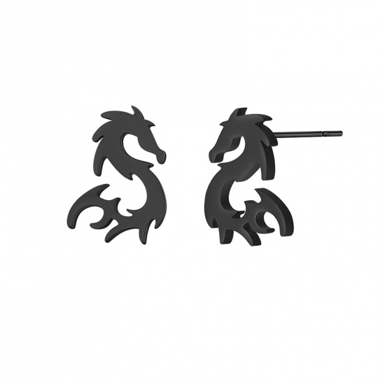 Picture of Titanium Steel Stylish Ear Post Stud Earrings Black S-shape Dragon 11.2mm x 8mm, Post/ Wire Size: (20 gauge), 1 Pair