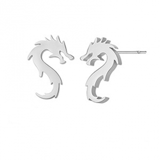 Picture of Titanium Steel Stylish Ear Post Stud Earrings Silver Tone S-shape Dragon 11.7mm x 8.1mm, Post/ Wire Size: (20 gauge), 1 Pair