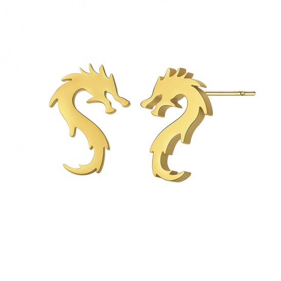 Picture of Titanium Steel Stylish Ear Post Stud Earrings Gold Plated S-shape Dragon 11.7mm x 8.1mm, Post/ Wire Size: (20 gauge), 1 Pair