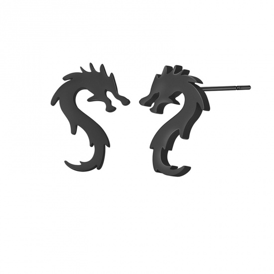 Picture of Titanium Steel Stylish Ear Post Stud Earrings Black S-shape Dragon 11.7mm x 8.1mm, Post/ Wire Size: (20 gauge), 1 Pair