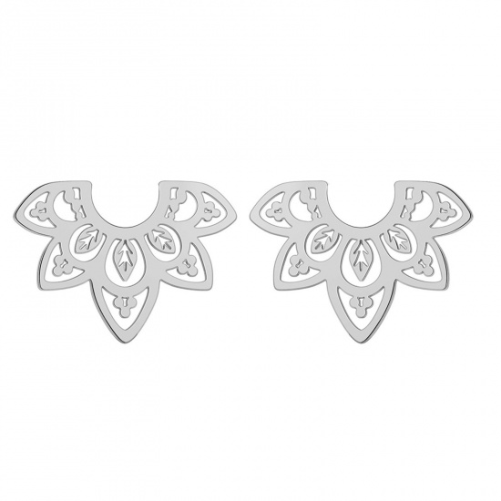 Picture of Titanium Steel Baroque Ear Post Stud Earrings Silver Tone Lotus Flower Hollow 22.2mm x 15.4mm, Post/ Wire Size: (20 gauge), 1 Pair