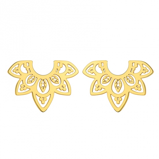 Picture of Titanium Steel Baroque Ear Post Stud Earrings Gold Plated Lotus Flower Hollow 22.2mm x 15.4mm, Post/ Wire Size: (20 gauge), 1 Pair