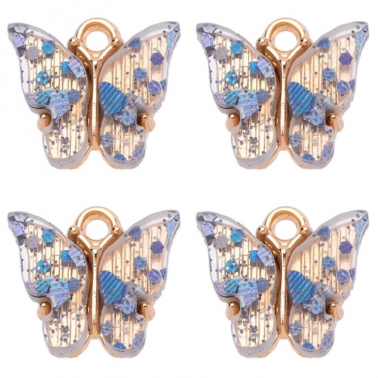 Bild von Zinklegierung & Acryl Insekt Charms Schmetterling Vergoldet Grau Paillette 14mm x 14mm, 10 Stück