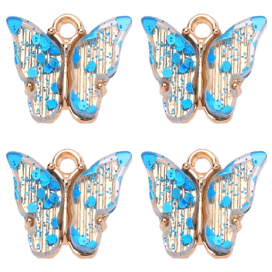 Bild von Zinklegierung & Acryl Insekt Charms Schmetterling Vergoldet Blau Paillette 14mm x 14mm, 10 Stück