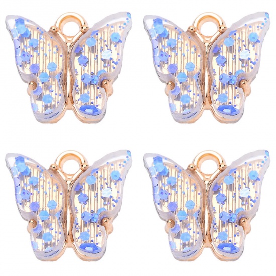Bild von Zinklegierung & Acryl Insekt Charms Schmetterling Vergoldet Hellblau Paillette 14mm x 14mm, 10 Stück