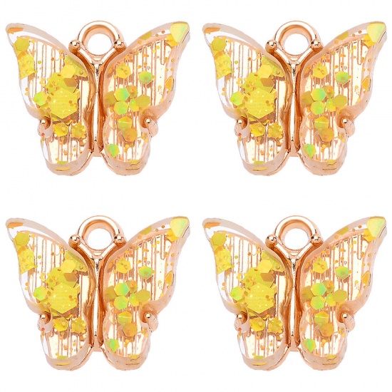 Bild von Zinklegierung & Acryl Insekt Charms Schmetterling Vergoldet Gelb Paillette 14mm x 14mm, 10 Stück
