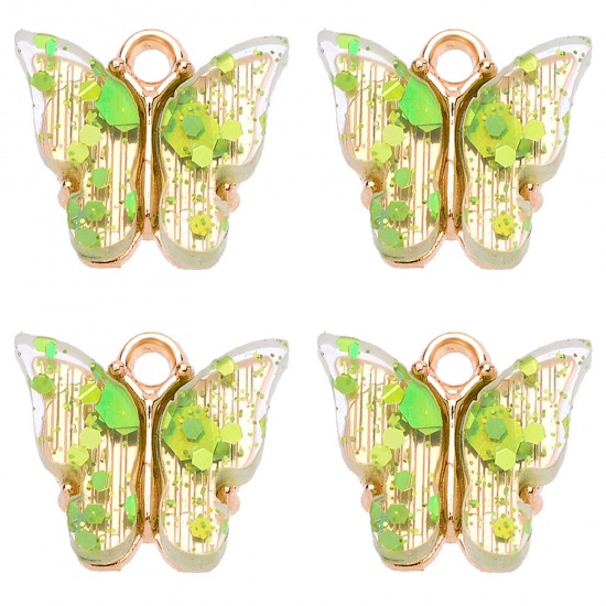 Bild von Zinklegierung & Acryl Insekt Charms Schmetterling Vergoldet Grün Paillette 14mm x 14mm, 10 Stück