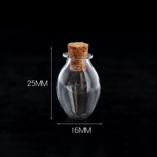Bild von Glas & Holz Mini Wunschflasche Fläschchen Für Ohrring Ring Halskette Oval Transparent 25mm x 16mm, 10 Stück