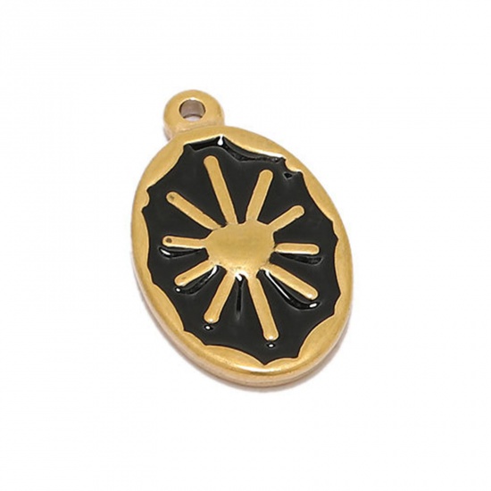 Picture of 304 Stainless Steel Charms Gold Plated Black Oval Sun Enamel 24mm x 14mm, 2 PCs