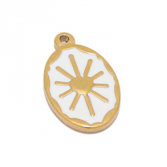 Picture of 304 Stainless Steel Charms Gold Plated White Oval Sun Enamel 24mm x 14mm, 2 PCs
