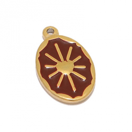Picture of 304 Stainless Steel Charms Gold Plated Dark Red Oval Sun Enamel 24mm x 14mm, 2 PCs