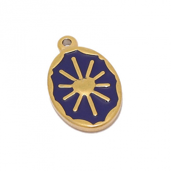 Picture of 304 Stainless Steel Charms Gold Plated Royal Blue Oval Sun Enamel 24mm x 14mm, 2 PCs