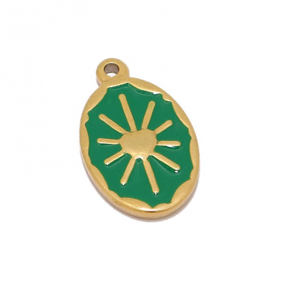 Picture of 304 Stainless Steel Charms Gold Plated Green Oval Sun Enamel 24mm x 14mm, 2 PCs