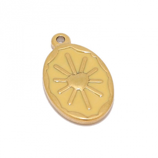Picture of 304 Stainless Steel Charms Gold Plated Yellow Oval Sun Enamel 24mm x 14mm, 2 PCs