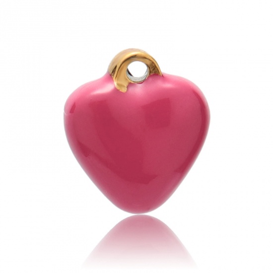 Picture of 304 Stainless Steel Valentine's Day Charms Gold Plated Fuchsia Heart Enamel 13mm x 11mm, 2 PCs