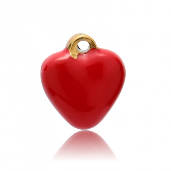 Picture of 304 Stainless Steel Valentine's Day Charms Gold Plated Red Heart Enamel 13mm x 11mm, 2 PCs