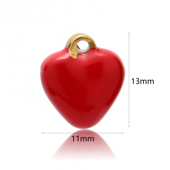 304ステンレス鋼 バレンタイン・デー チャーム 金メッキ 赤 ハート エナメル 13mm x 11mm、 2 個 の画像