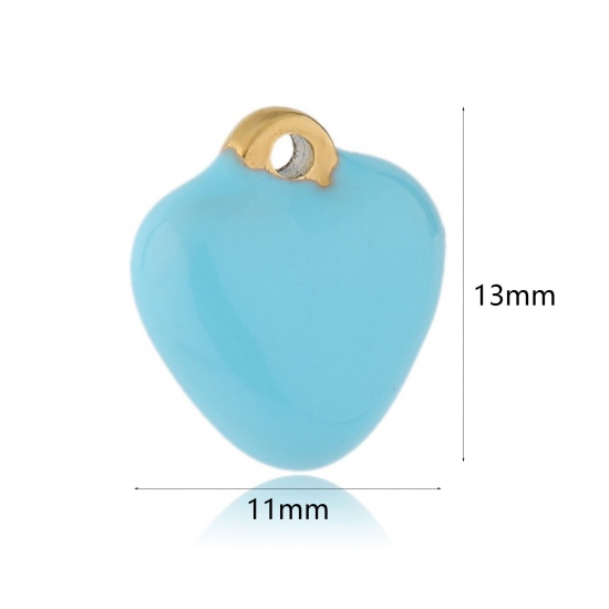 304ステンレス鋼 バレンタイン・デー チャーム 金メッキ 青 ハート エナメル 13mm x 11mm、 2 個 の画像
