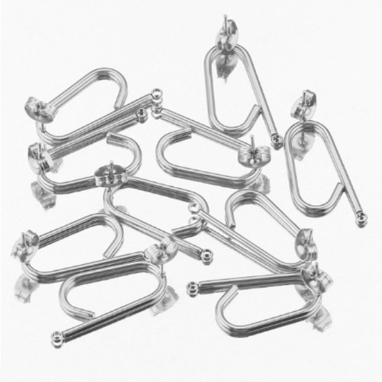 Picture of 304 Stainless Steel Ear Post Stud Earrings Oval Silver Tone With Loop 25mm x 13mm, Post/ Wire Size: (20 gauge), 2 PCs