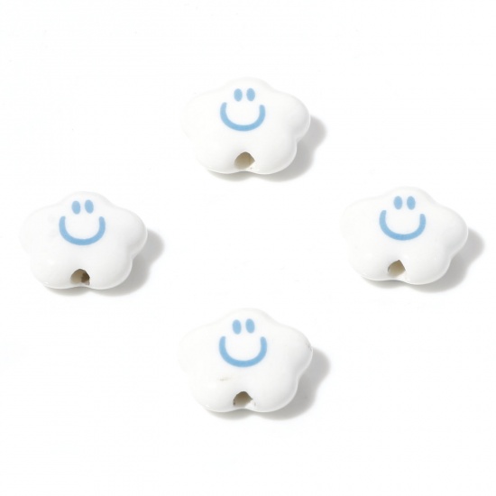Picture of Ceramic Weather Collection Beads Flower White Smile About 15mm x 14mm, Hole: Approx 2mm, 10 PCs