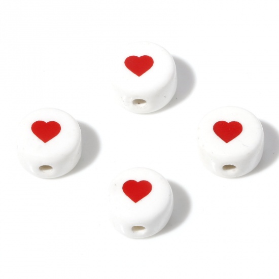 Immagine di Ceramica San Valentino Diatanziale Perline Tondo Piatto Bianco Cuore Disegno Come 10.5mm Dia, Foro: Circa 1.8mm, 5 Pz
