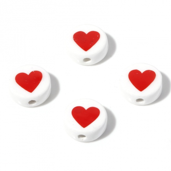 Immagine di Ceramica San Valentino Diatanziale Perline Tondo Piatto Bianco Cuore Disegno Come 16mm Dia, Foro: Circa 2.6mm, 5 Pz