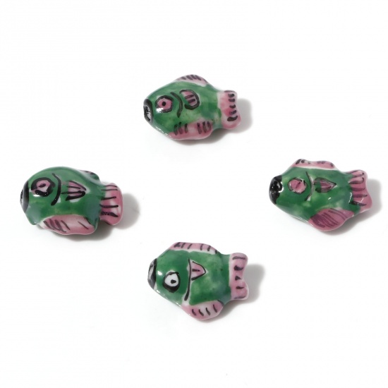 Picture of Ceramic Ocean Jewelry Beads Fish Animal Green Painted About 15mm x 12mm, Hole: Approx 1.4mm, 5 PCs