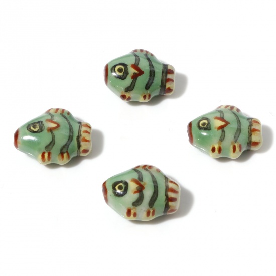Picture of Ceramic Ocean Jewelry Beads Fish Animal Light Green Painted About 15mm x 12mm, Hole: Approx 1.4mm, 5 PCs