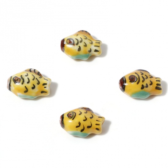 Picture of Ceramic Ocean Jewelry Beads Fish Animal Yellow Painted About 15mm x 12mm, Hole: Approx 1.4mm, 5 PCs
