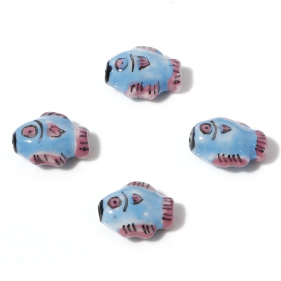 Picture of Ceramic Ocean Jewelry Beads Fish Animal Blue Painted About 15mm x 12mm, Hole: Approx 1.4mm, 5 PCs