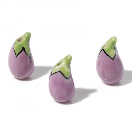 Immagine di Ceramica 3D Diatanziale Perline Melanzana Colore Viola Circa Dipinto Circa 20mm x 11mm, Foro: Circa 1.4mm, 2 Pz