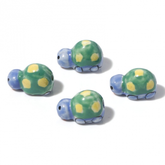 Picture of Ceramic Ocean Jewelry Beads Tortoise Animal Blue Painted About 18mm x 11mm, Hole: Approx 1.6mm, 3 PCs
