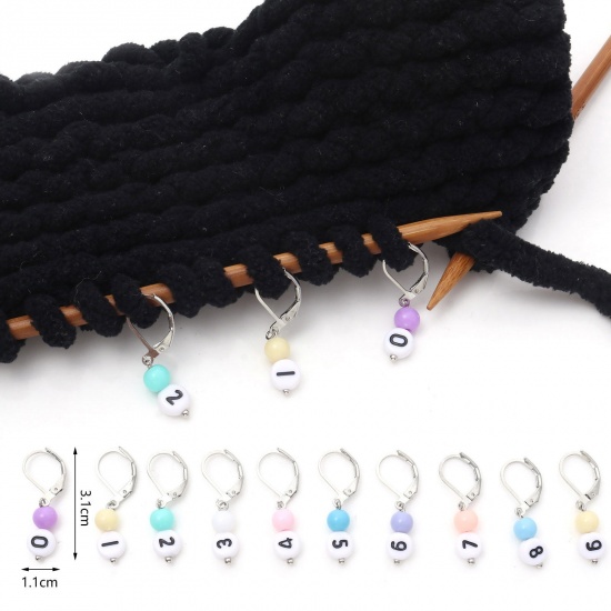 Picture of Copper & Acrylic Knitting Stitch Markers Number 0-9 Silver Tone At Random Color Mixed 3.1cm x 1.1cm, 1 Set ( 10 PCs/Set)