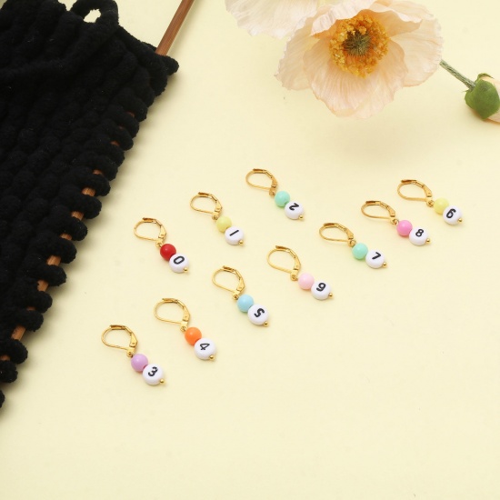 Picture of Copper & Acrylic Knitting Stitch Markers Number 0-9 Gold Plated At Random Color Mixed 3.1cm x 1.1cm, 1 Set ( 10 PCs/Set)