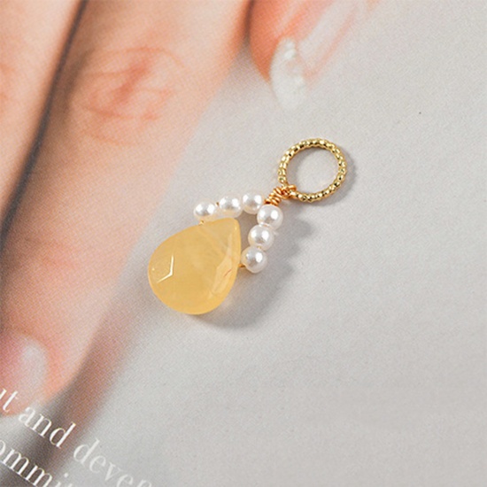 Picture of Aventurine ( Natural ) Pendants Gold Plated At Random Color Drop Imitation Pearl 37mm x 10mm, 1 Piece