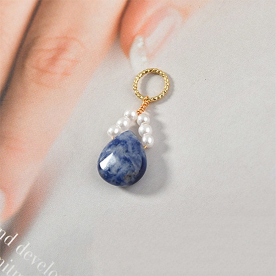 Picture of Blue-vein Stone ( Natural ) Pendants Gold Plated At Random Color Drop Imitation Pearl 37mm x 10mm, 1 Piece