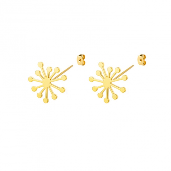 Picture of 304 Stainless Steel Stylish Ear Post Stud Earrings Gold Plated Flower Hollow 15mm Dia., 1 Piece