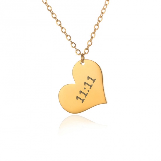 Picture of 304 Stainless Steel Stylish Necklace Gold Plated Heart Message " 11:11 " 38cm(15") long, 1 Piece