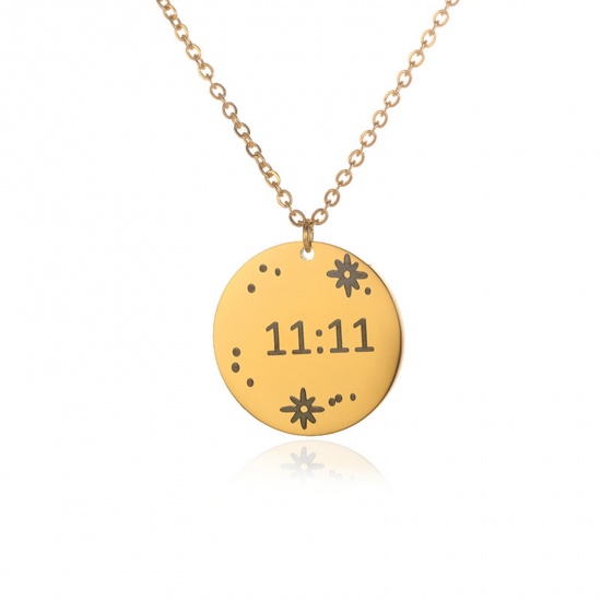 Picture of 304 Stainless Steel Stylish Necklace Gold Plated Round Message " 11:11 " 38cm(15") long, 1 Piece