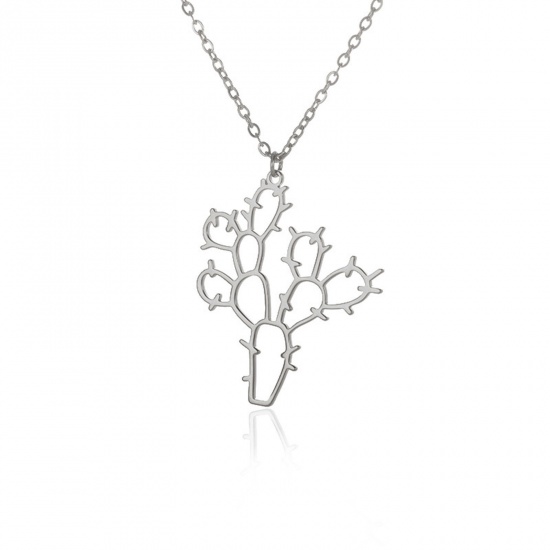 Picture of 304 Stainless Steel Stylish Necklace Silver Tone Cactus 38cm(15") long, 1 Piece