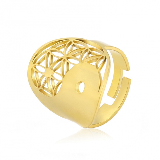 Immagine di 304 Acciaio Inossidabile Religione Aperto Regolabile Anello Oro Placcato Fiore Yin Yang Simbolo Filigrana 17.3mm (taglia di US: 7), 1 Pz